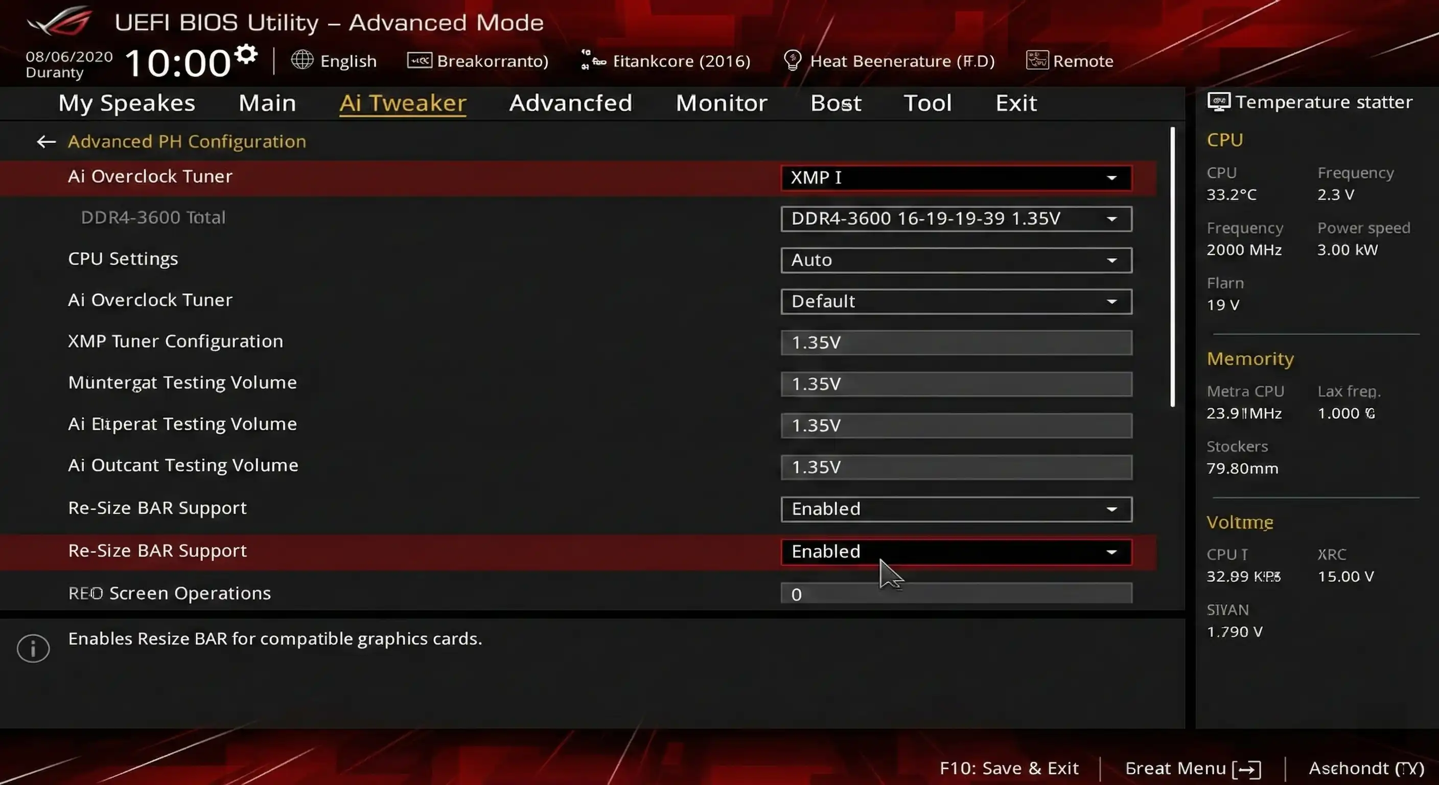 BIOS settings menu enabling XMP and Resizable BAR to fix high-end pc stutter.