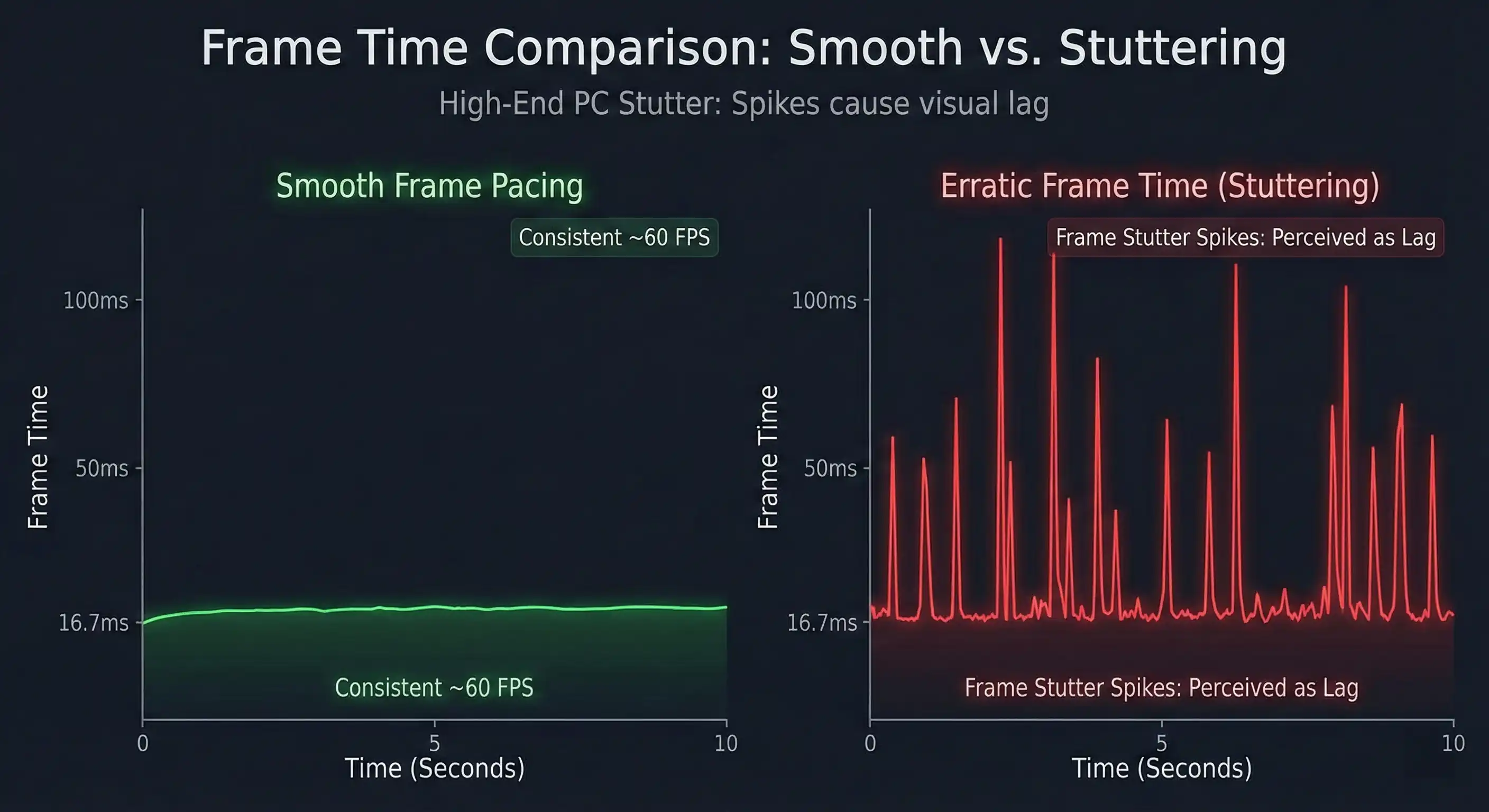 Graph comparing smooth frame pacing versus erratic frame time causing high-end pc stutter.