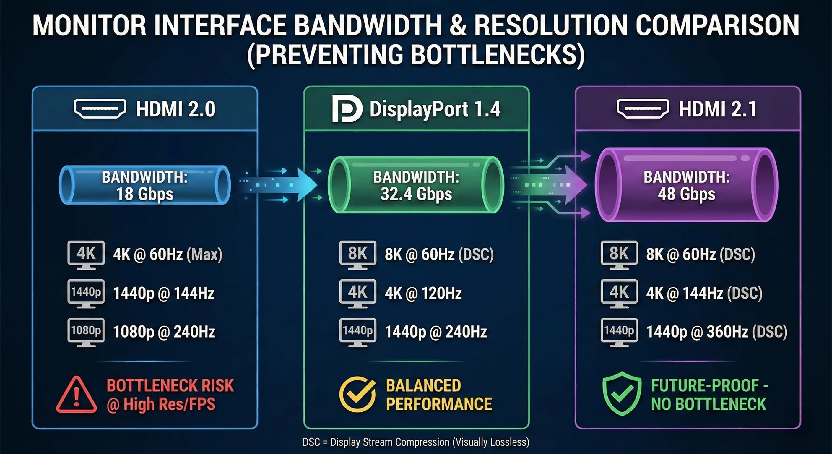 Bandwidth comparison chart of HDMI 2.1 vs DisplayPort 1.4 preventing monitor bottleneck