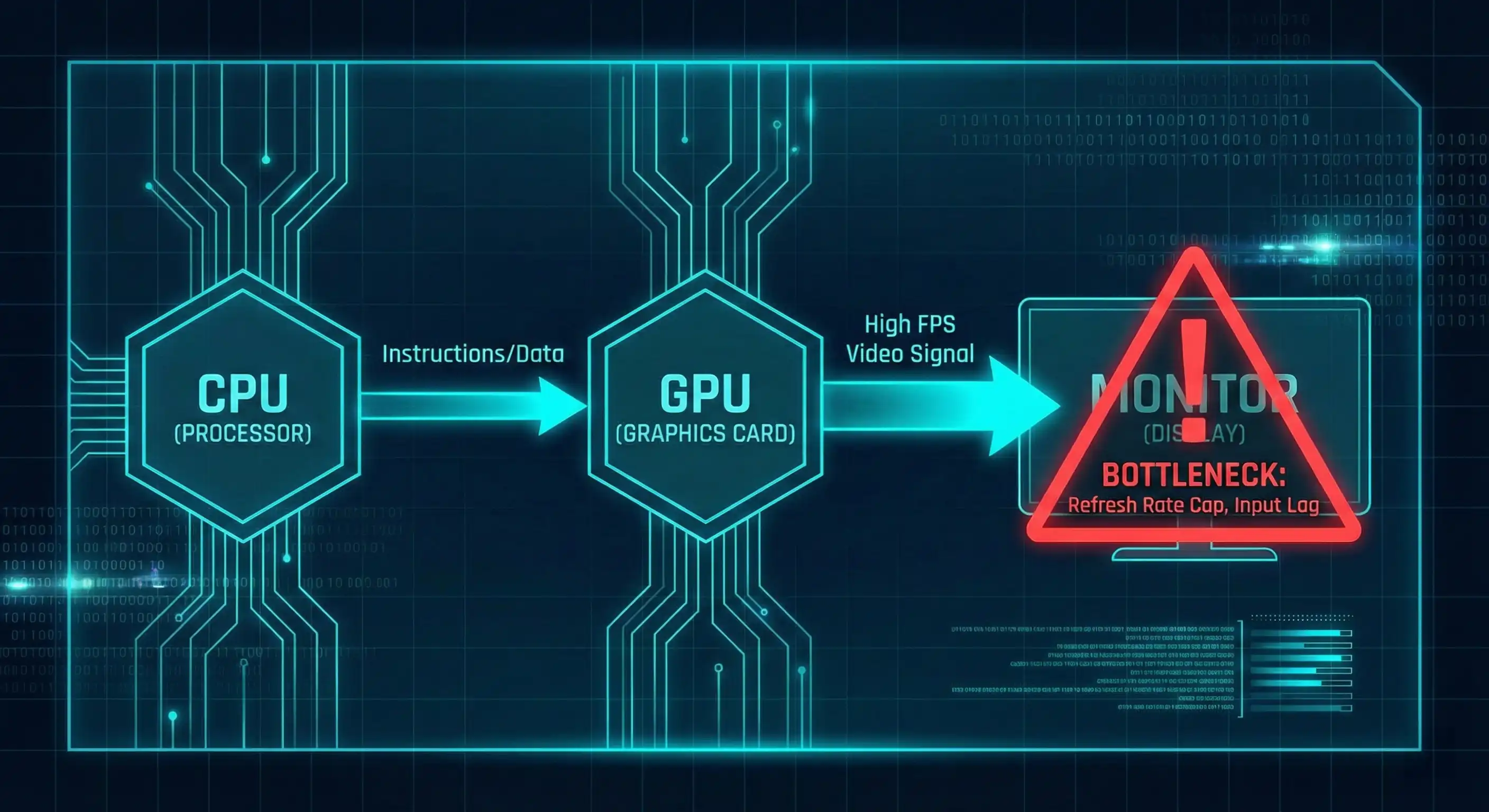 Diagram showing how a monitor bottleneck limits CPU and GPU data flow
