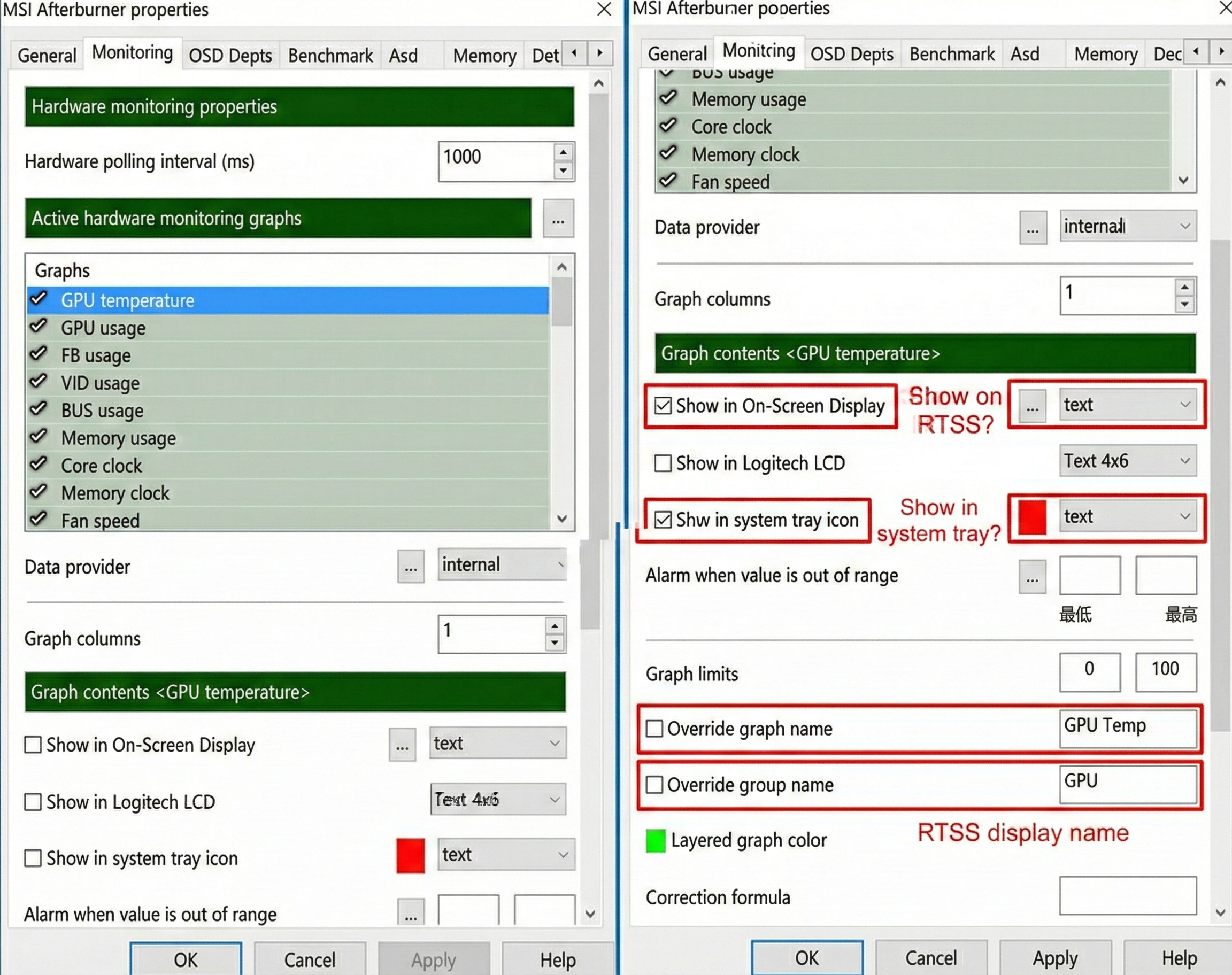 MSI Afterburner settings for configuring in-game performance overlay and hardware stats
