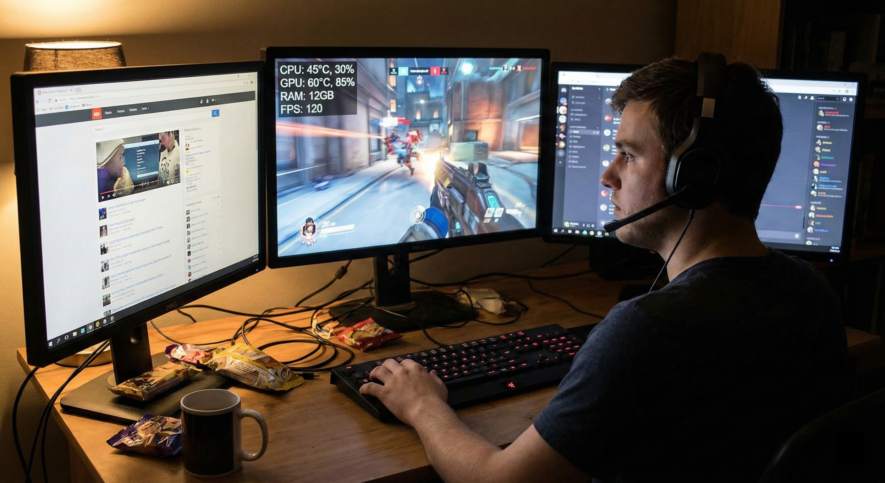 Gamer learning how to monitor PC performance while gaming with on-screen display overlay