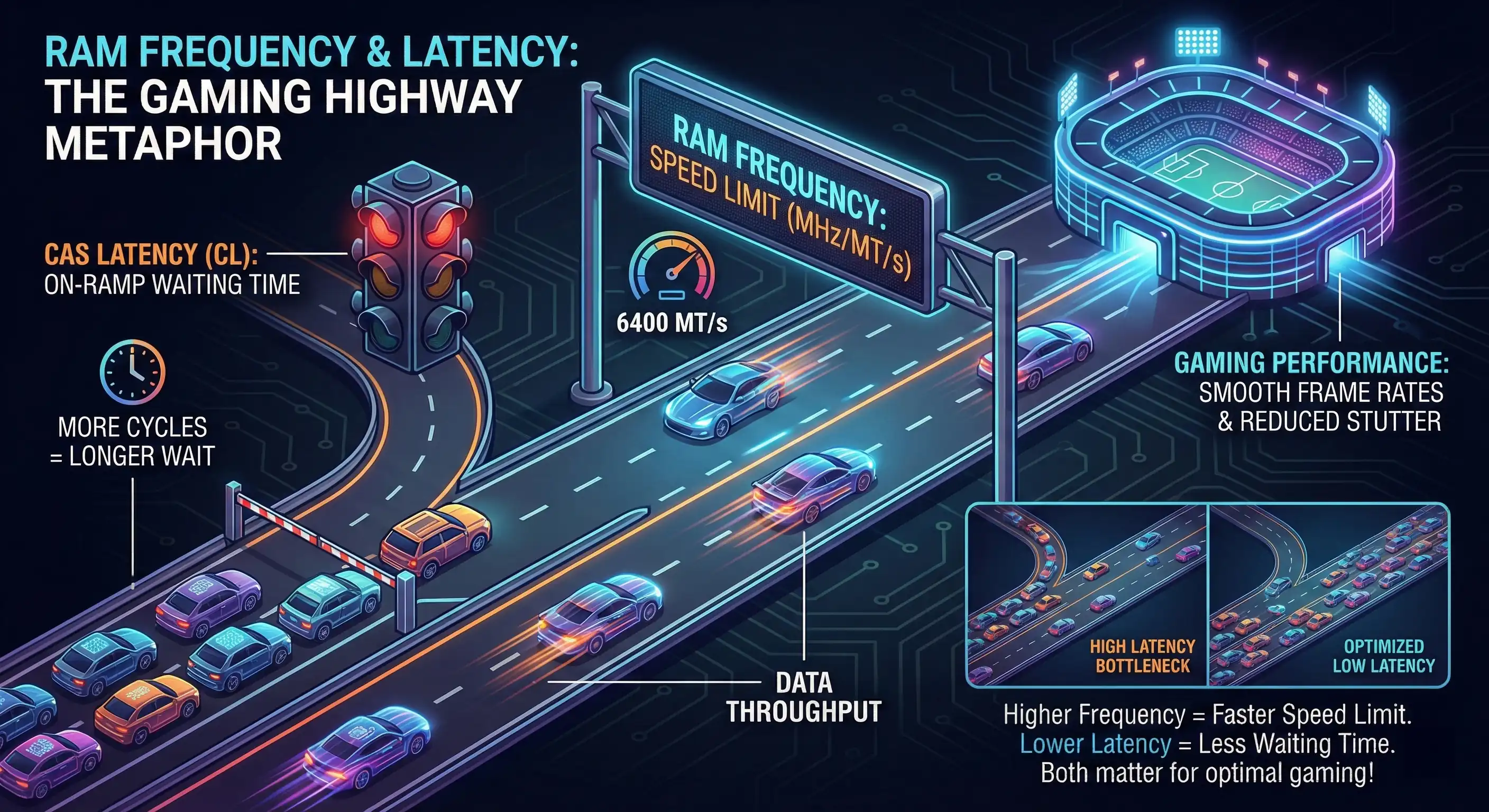 Infographic explaining RAM frequency and CAS latency impact on gaming performance