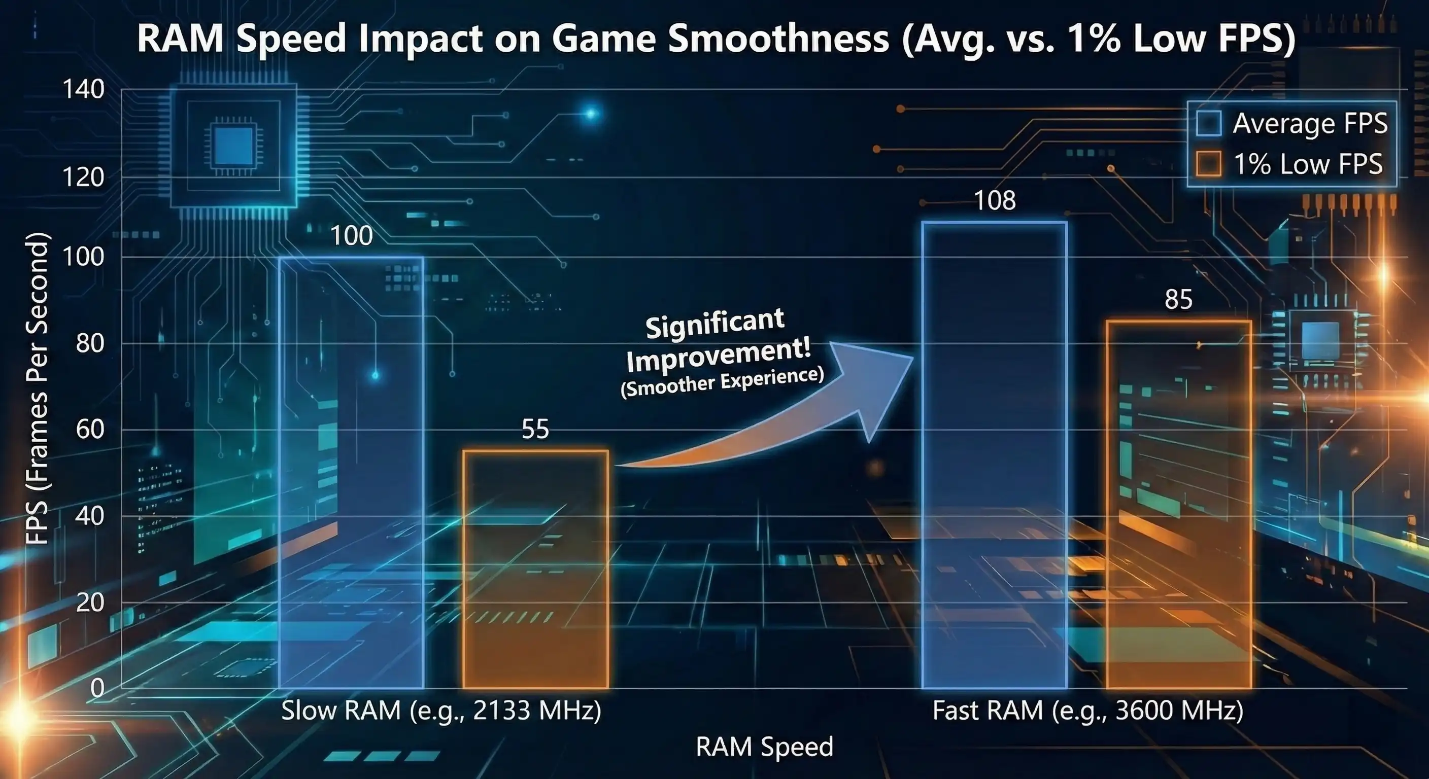 Chart showing RAM speed impact on average FPS and 1% low FPS for smoother gaming